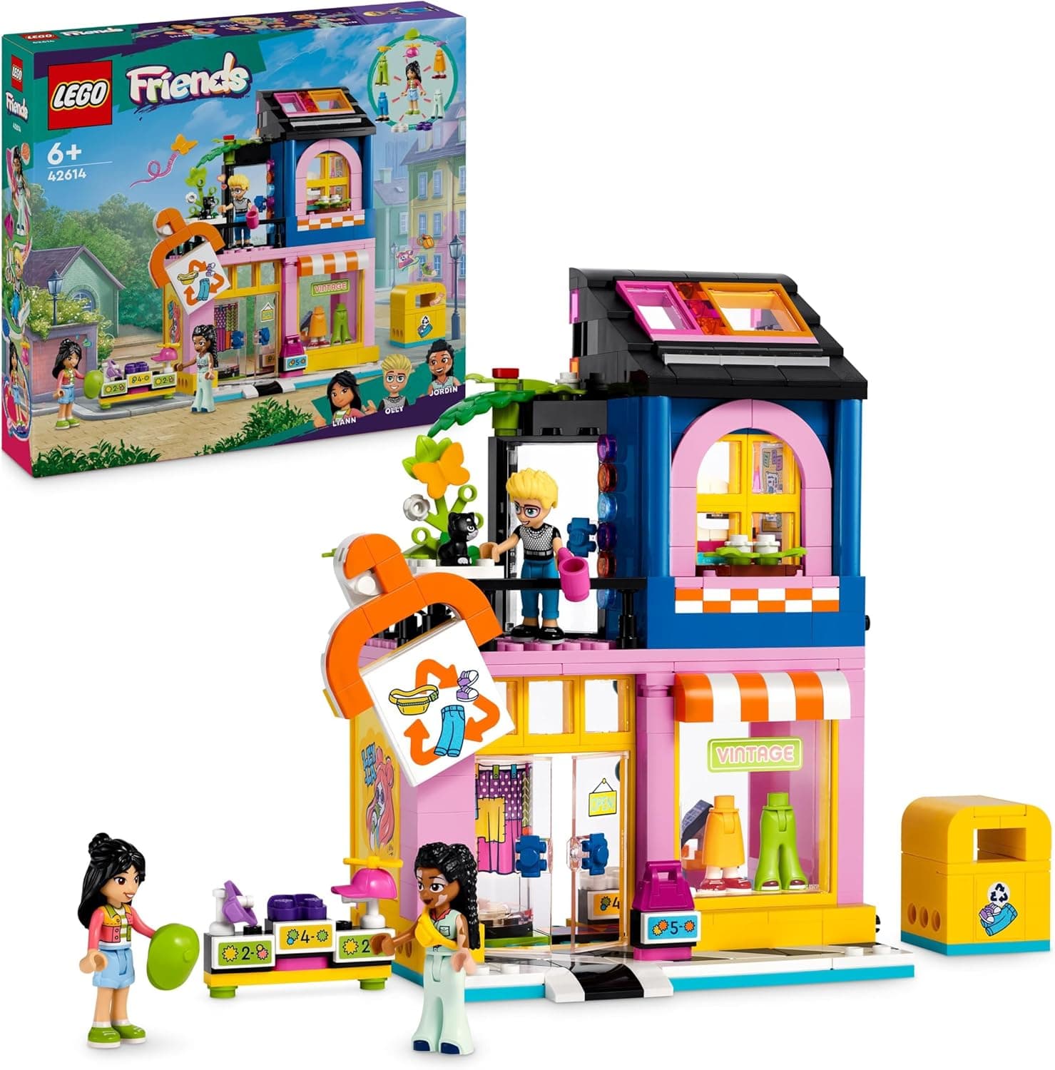 LEGO 42614 Friends Loja de roupa vintage, modelo com minimu ecas Olly, Liann e Jordin e uma figura de gato