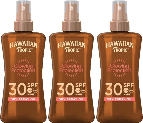 Hawaiian Tropic Protective Dry Spray Oil - óleo bronzeador em spray com fragrância coco e óleo de argão, alta proteção - SPF 30 - formato: 200 ml x3