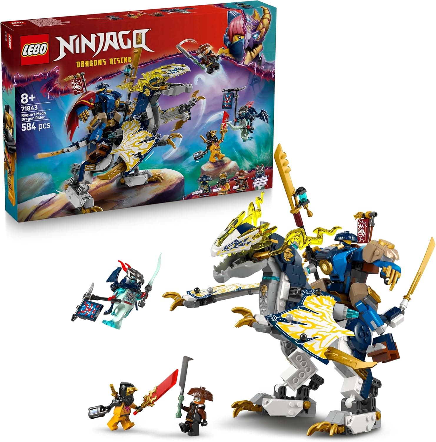 LEGO Ninjago Meca de Rogue e Dragão - Brinquedo Ninja com figuras articuladas de dragão e Meca - 4 minifiguras Inc. Lloyd e Arin e espada reveladora - presente para crianças de 8 anos e fãs 71843