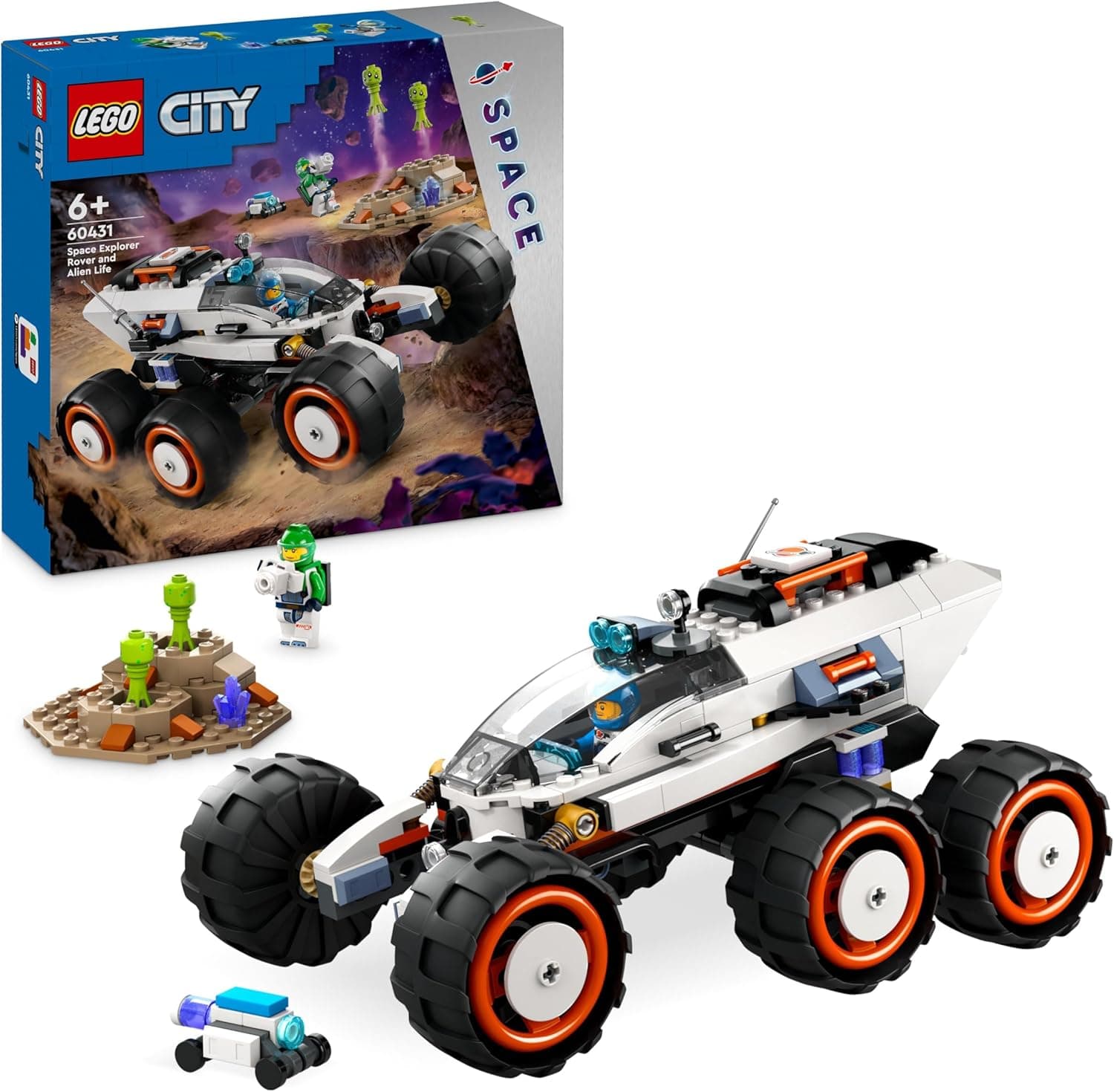 LEGO City Róver Explorador espacial e vida extraterrestre, veículo do espaço de brinquedo, presente de aniversário para meninos e meninas de 6 anos ou mais, com 2 minifiguras, figuras robot e alien