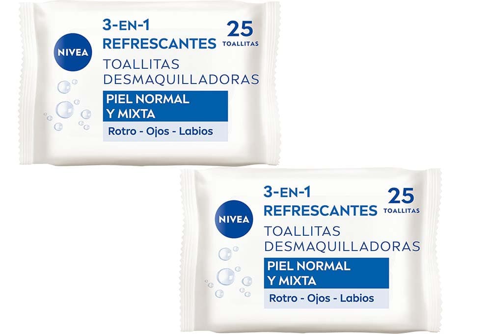 NIVEA Toalhetes desmaquilhantes refrescantes, 1 x 25 unidades, toalhitas desmaquilhantes para pele normal e mista, toalhitas húmidas para rosto, olhos, lábios e pescoço, 2 embalagens