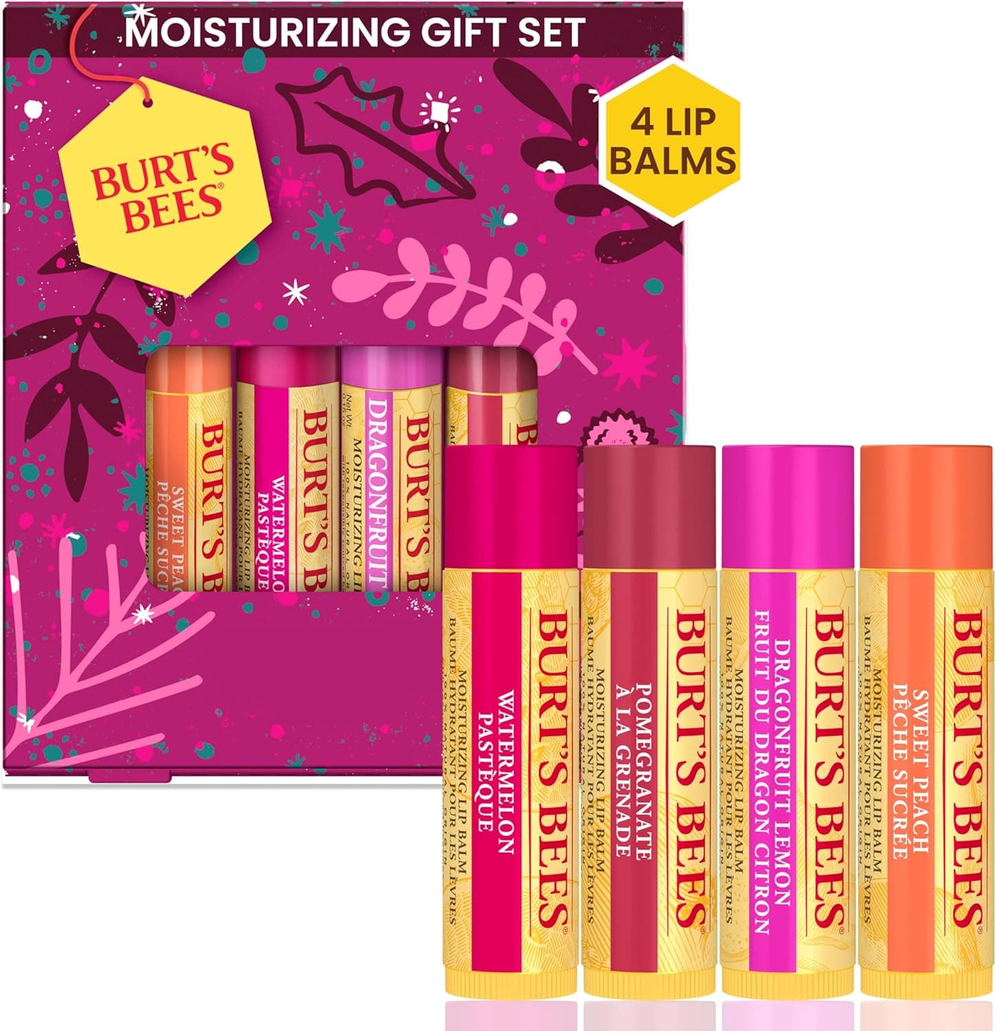 Burt's Bees Conjunto de bálsamos batons, pacote múltiplo de presente, doce pêssego, melancia, romã e pitahaia e limão, 4 x 4,25 g