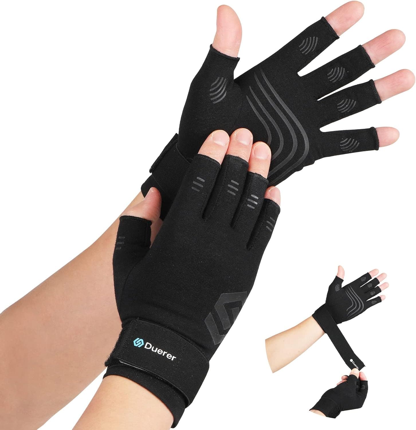 Duerer Luvas de compressão para artrite com correias, mulheres homens para túnel carpo RSI, reumatóide, tendinite, dor nas mãos. Luvas sem dedos para escrever computador trabalho diário (preto, S)