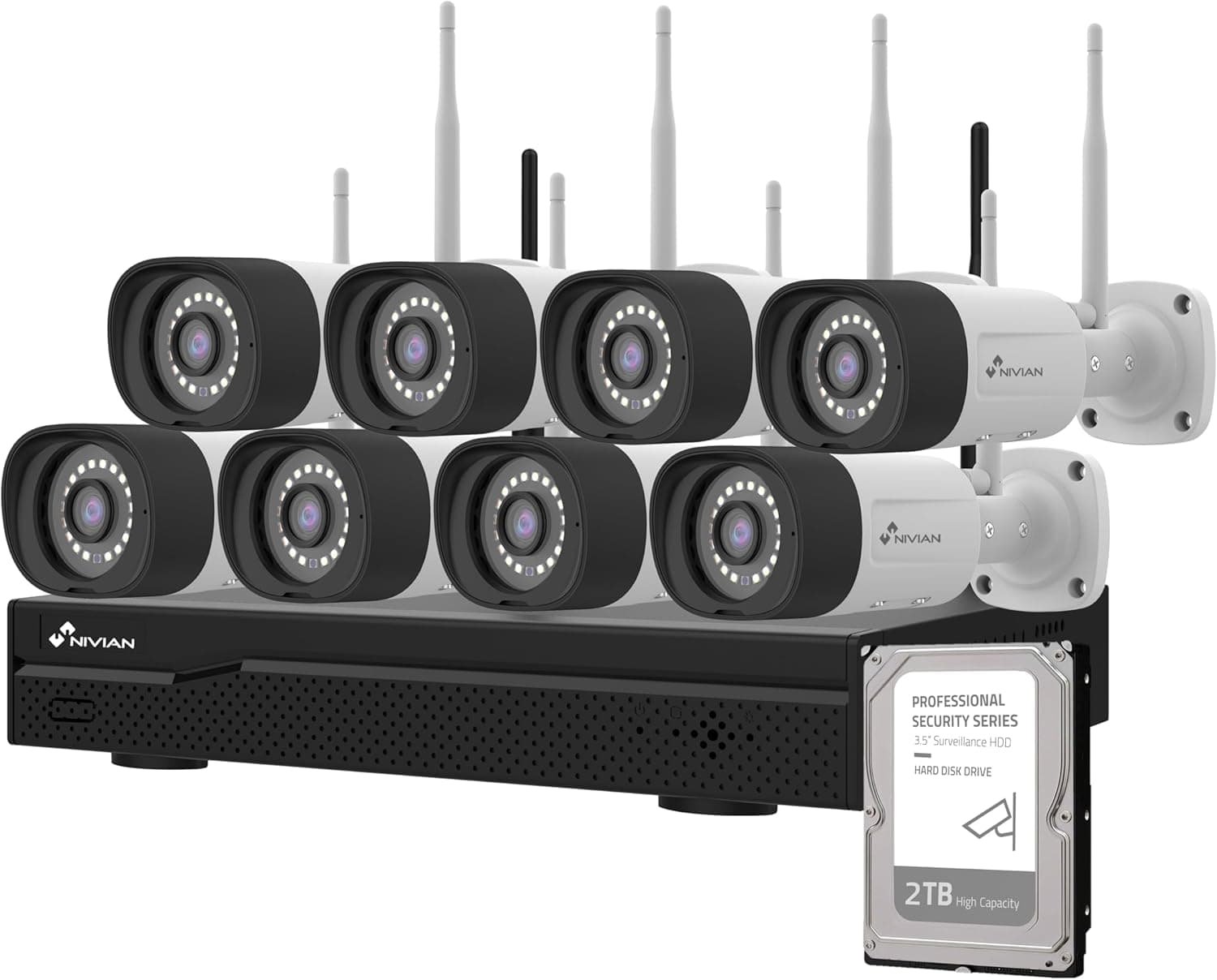NIVIAN Kit câmaras de vigilância profissional WiFi SuperHD com 8 câmaras IP e gravador com disco rígido 16CH - para casas e negócios - visão noturna, detecção humana IA, áudio bidirecional