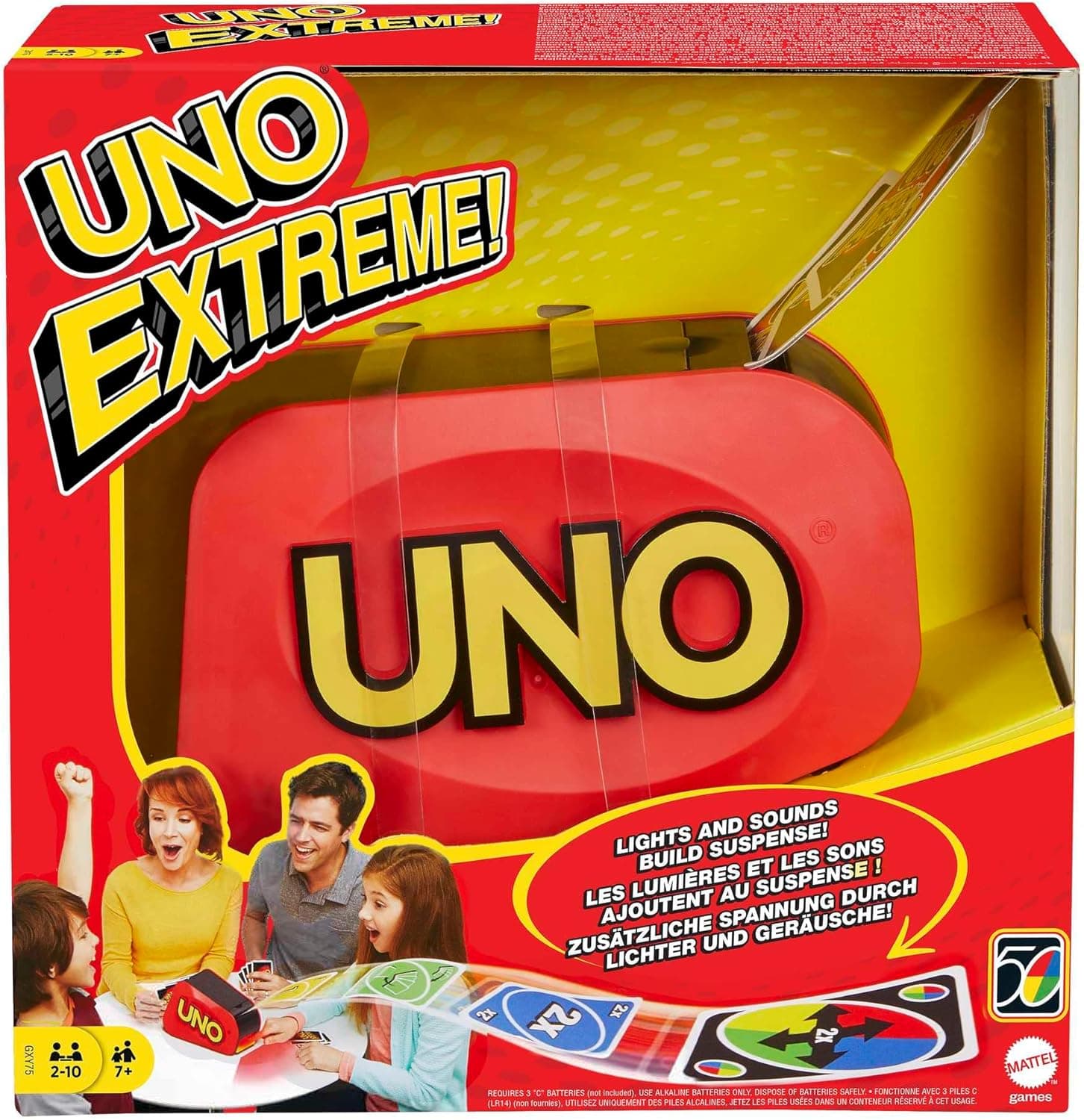UNO Extreme - Jogo de cartas para família com lançador - com luz e som - 112 cartas - de 2 a 10 jogadores - presente para crianças de 7 anos e adultos, GXY75