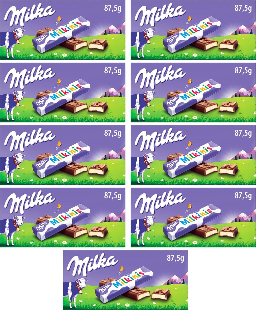Milka Milkinis Mini barras de chocolate com leite dos alpes enchimento de creme láctea 87,5 g x 9