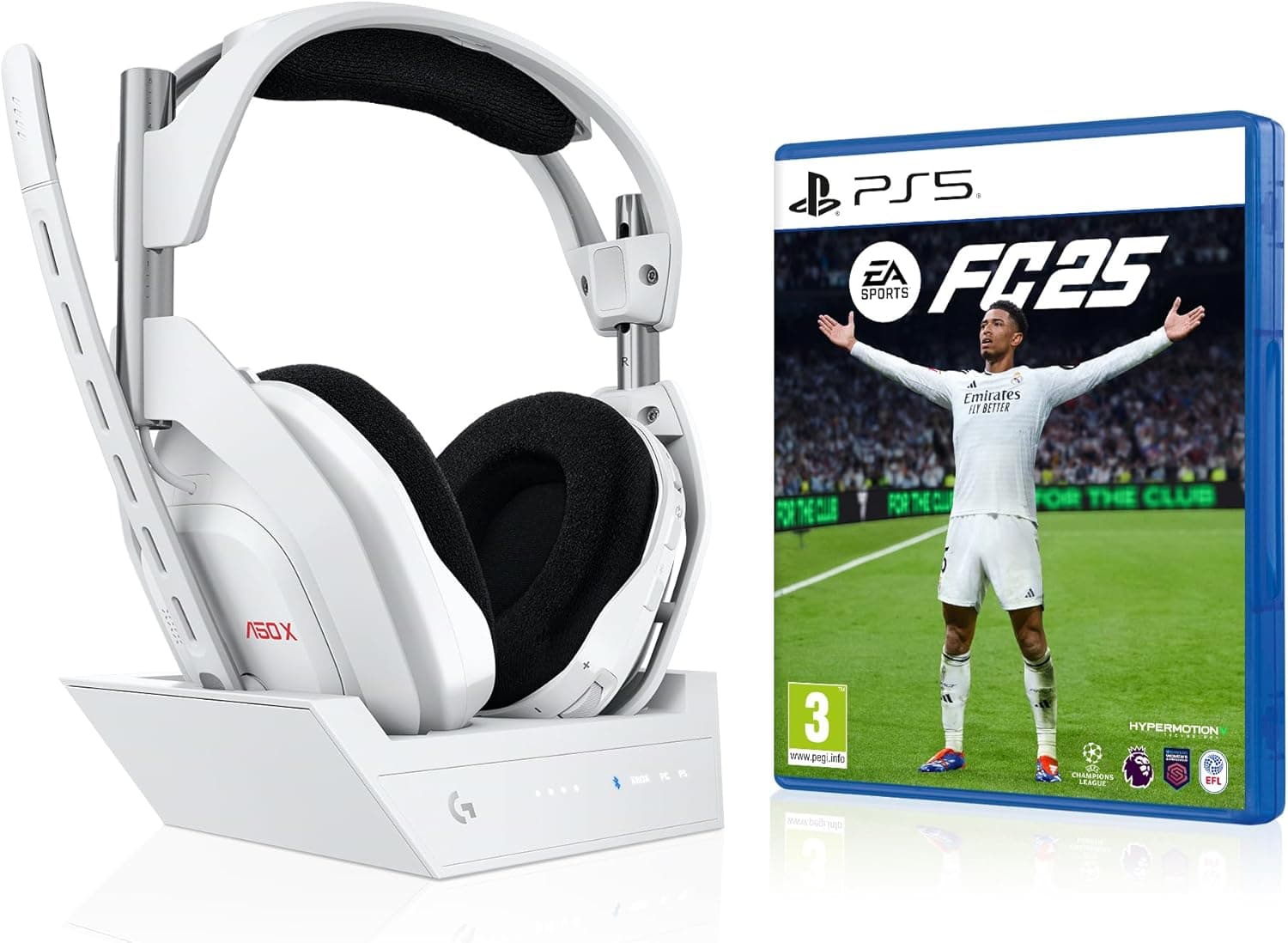 Logitech G Astro A50 x Auriculares sem fios com microfone para Gaming com tecnologia sem fios Lightspeed estação base e EA Sports FC 25 (PS5 - Playstation 5), pacote - branco