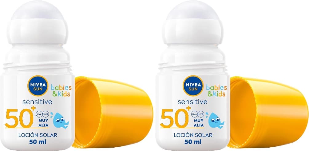 NIVEA SUN Babies & Kids Sensitive Roll-on FP 50 (1 x 50 ml), protetor solar infantil extra resistente à água, creme solar para bebés e crianças, protetor solar roll-on para pele sensível x2