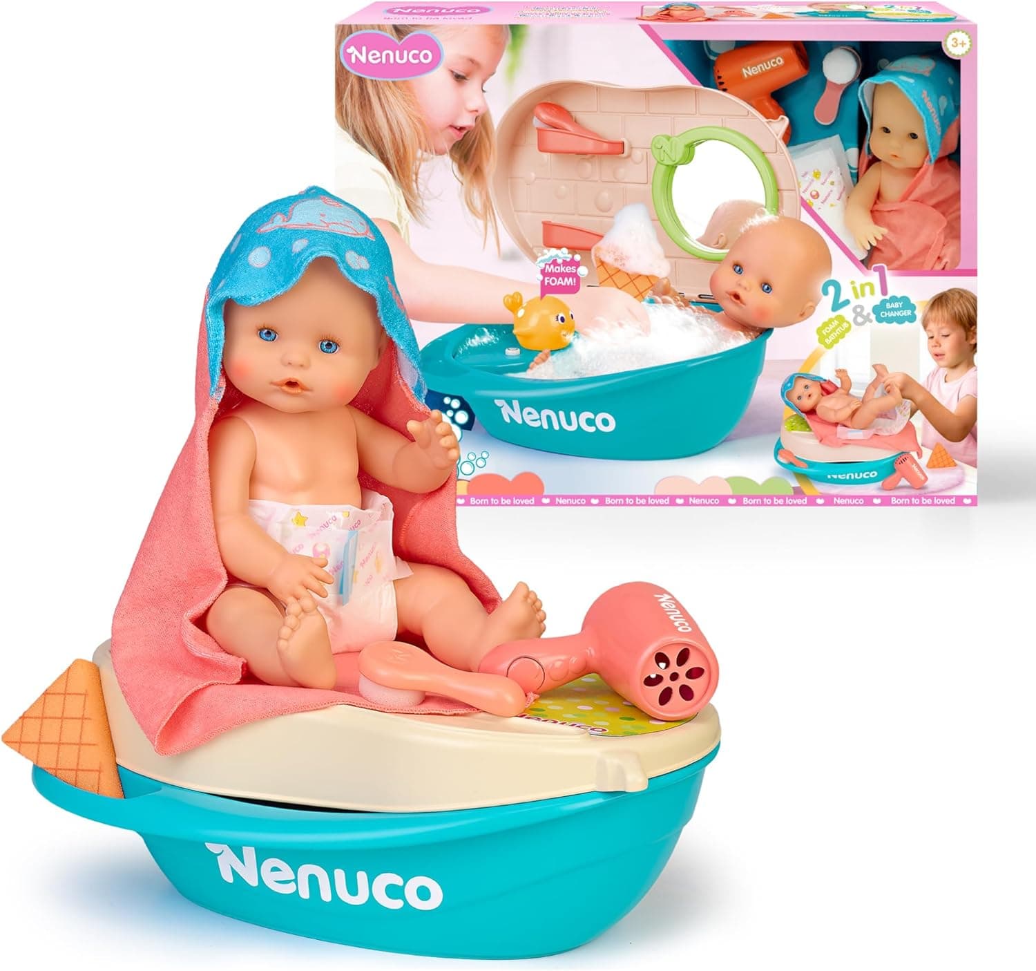 Nenuco Banho de espuma, boneca bebé de 35 cm e corpo rígido, possui uma banheira 2 em 1 que se transforma em trocador, espuma, boneco com pelo mágico, bebé e faz + 3 anos, famosa (NFNA00000 0)