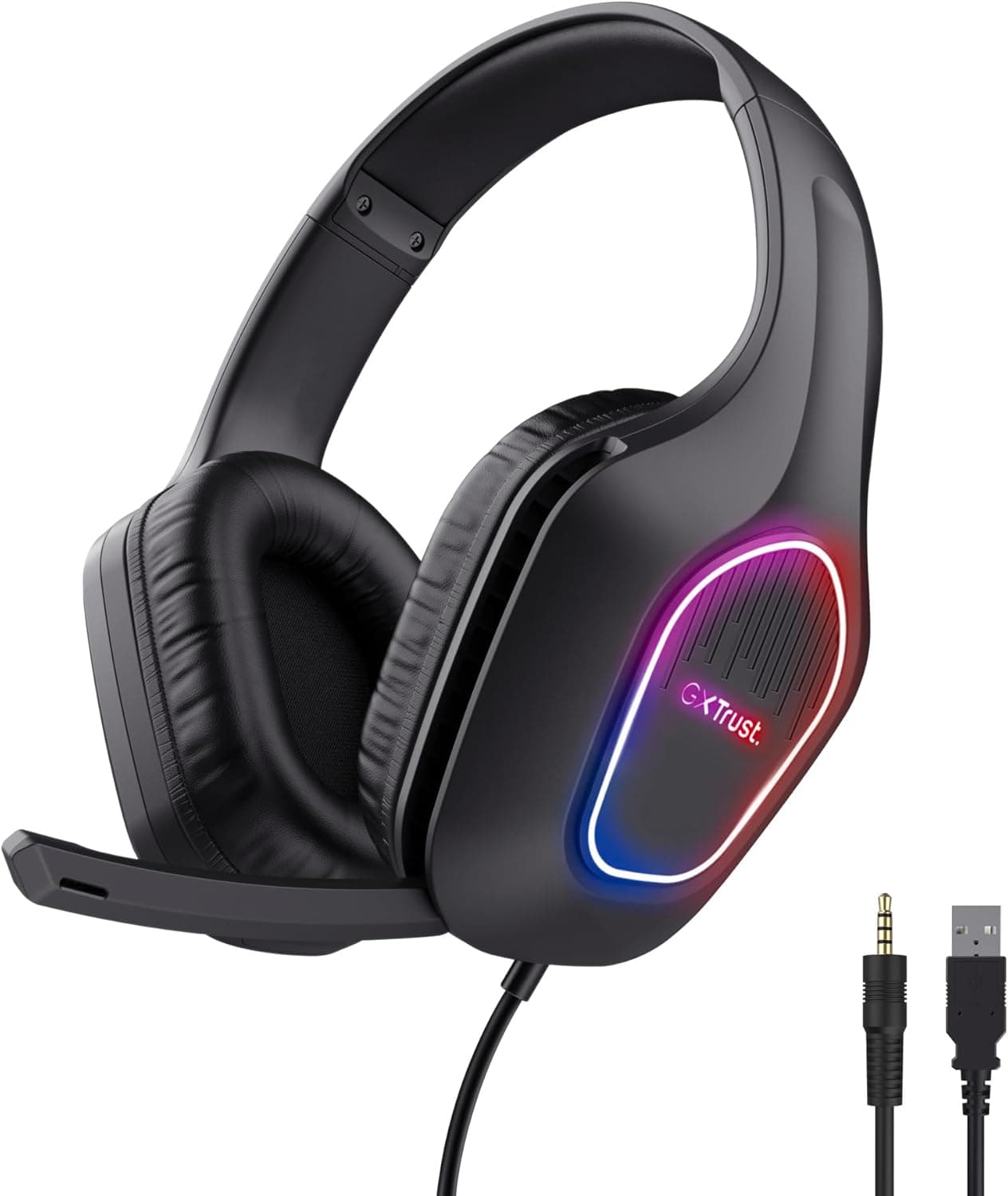 Trust Gaming GXT 419 Rayne Headphones de jogos leves para PC/consola, iluminação LED alimentada por USB, drivers de 50 mm, conexão de 3,5 mm, microfone dobrável, auriculares com cabo Over-Ear, preto