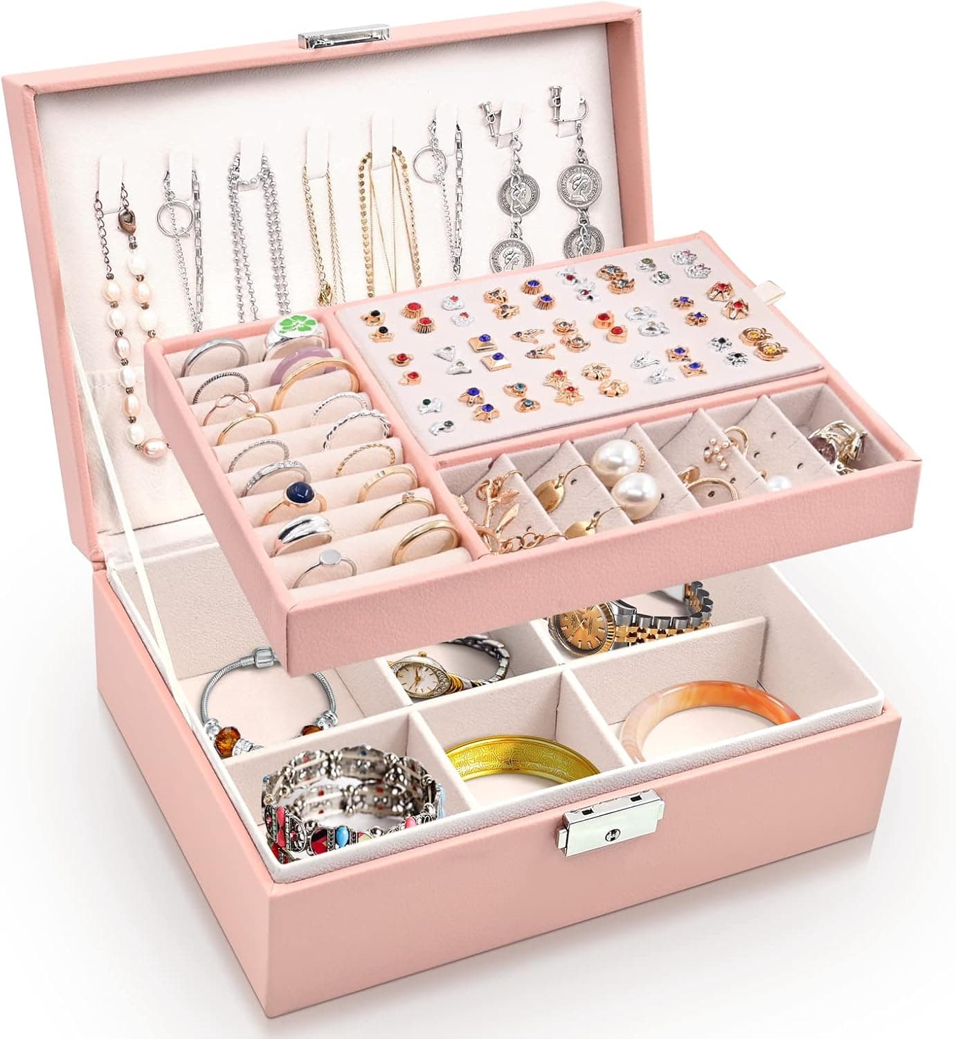 Larkumio Joalheiros mulher organizador grande, caixa de jóias menina organizador jóias 2 camadas couro PU Jewelry Box Organizer para colares anéis brincos pulseiras, rosa