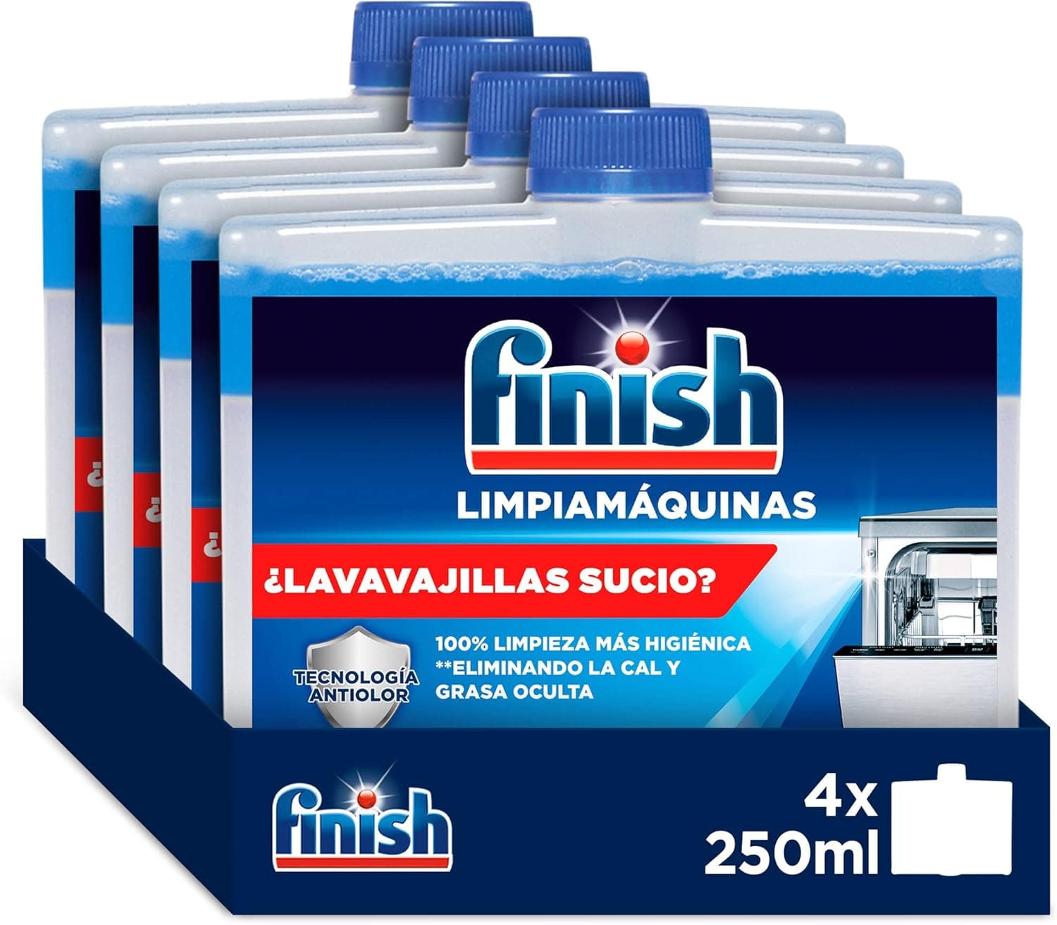 Finish Limpiamáquinas | Limpeza profunda para máquina de lavar loiça, elimina odores, calcário e gordura, 4 x 250 ml sem perfume