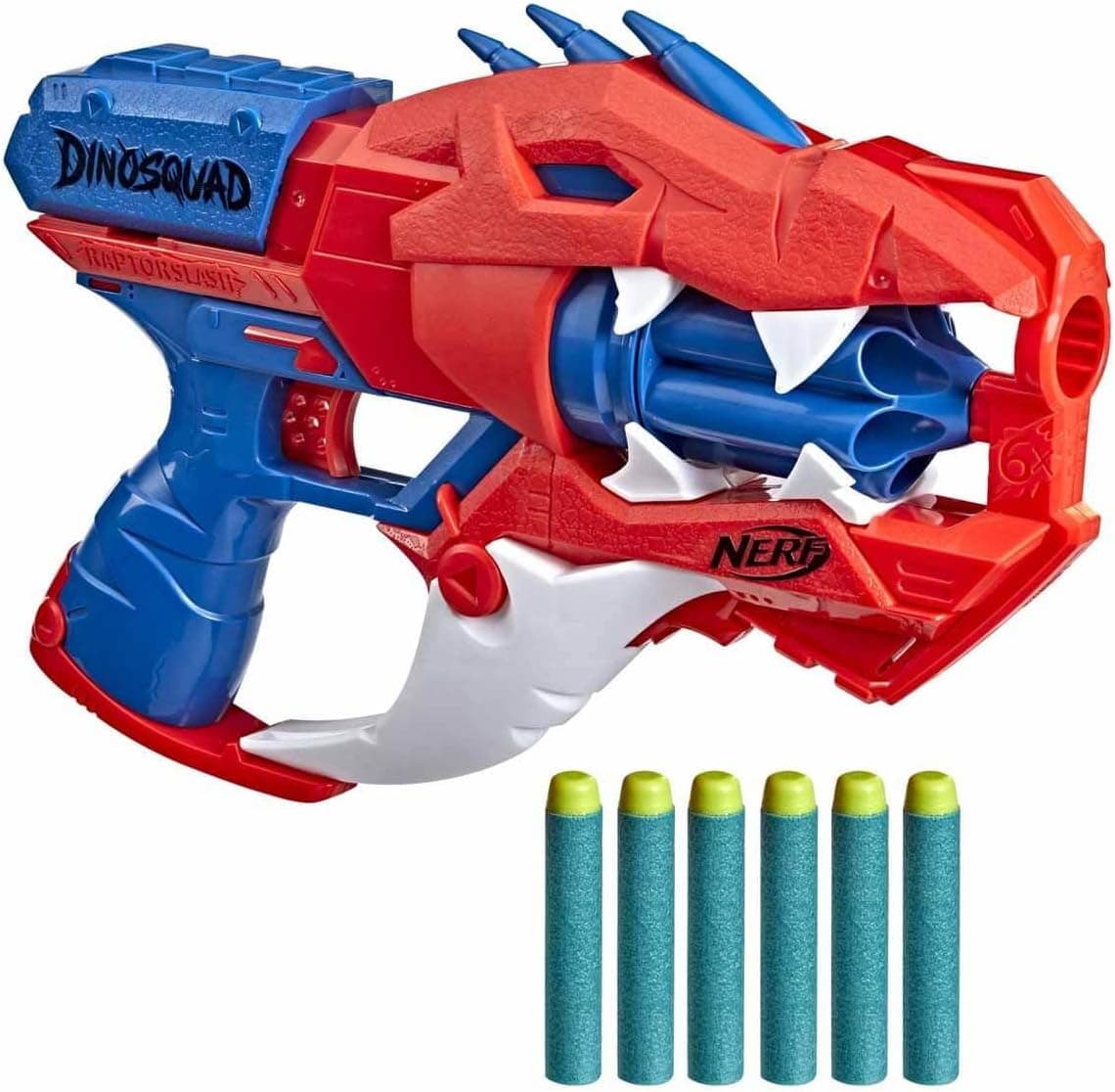 Nerf Lançador DinoSquad Raptor-Slash - Tambor rotativo de 6 dardos, modo de explosão, 6 dardos design de velocidade