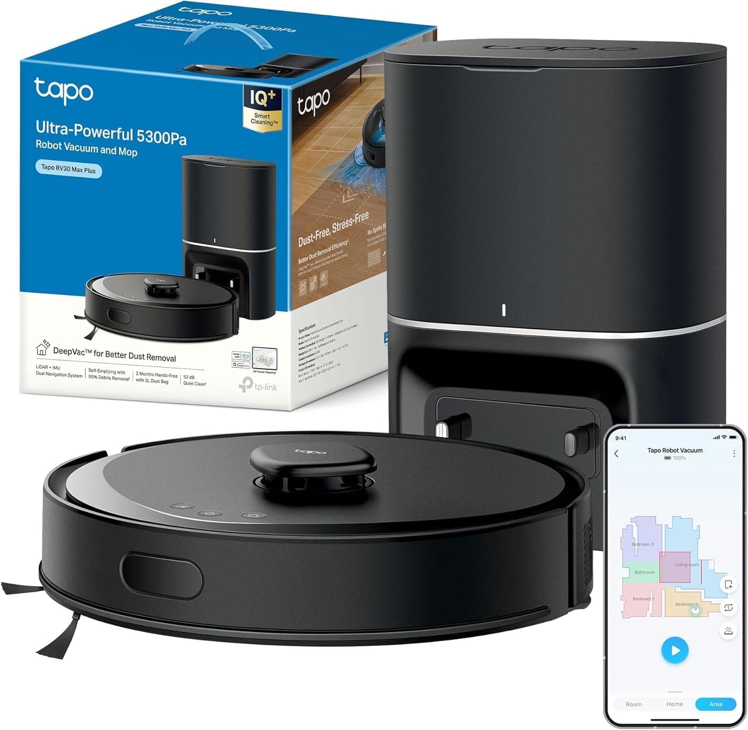 Tapo RV30 MAX Plus Robot aspirador de pó, potência de sucção ultra de 5300 Pa com limpeza, base de auto-esvaziamento automático de 3 l, navegação LiDAR+IMU avançada, controlo por voz e aplicação