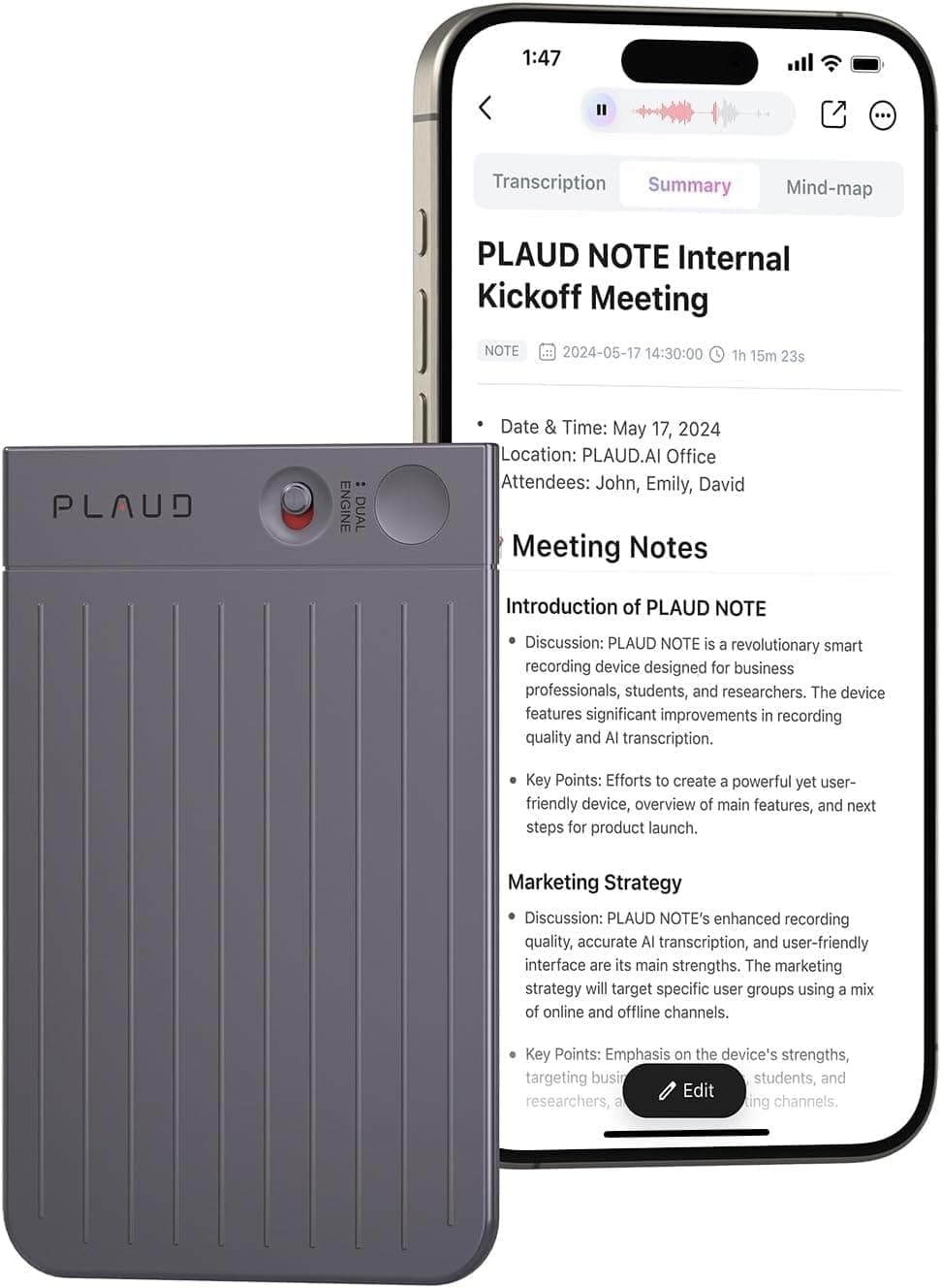 PLAUD Note IA Gravador de voz - Transcrever e resumir com ChatGPT 4o - suporta 59 idiomas, 64 GB de memória, controlo com aplicação de reunião, lição, chamada, entrerevista (capa incluída)