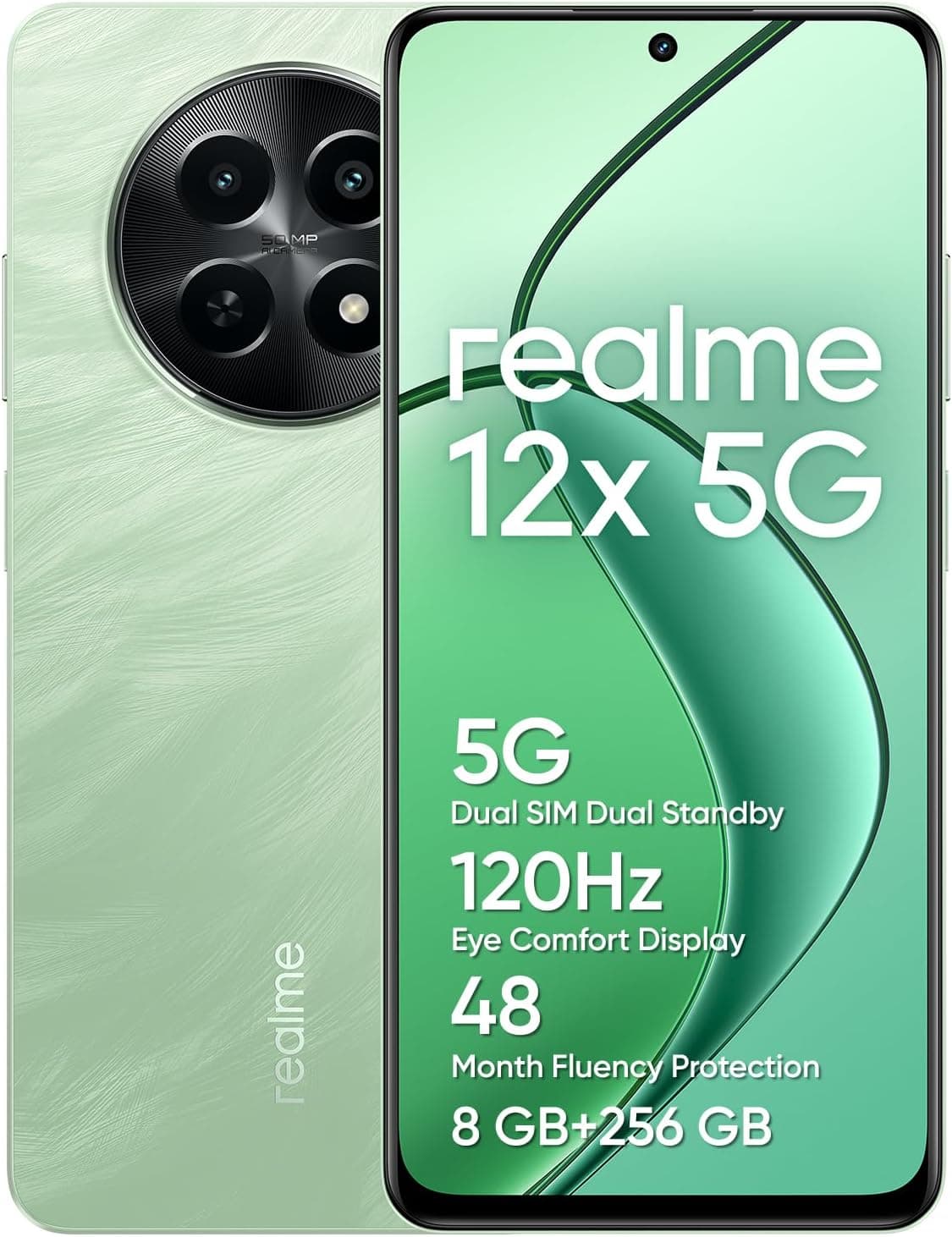 realme Telemóvel 12 x 5G 6 + 128 GB, processador 5G de 6 NM, câmara com IA de 50 MP, design ultrafino de 7,89 mm, grande bateria de 5000 mAh, NFC, verde pena, não inclui adaptador