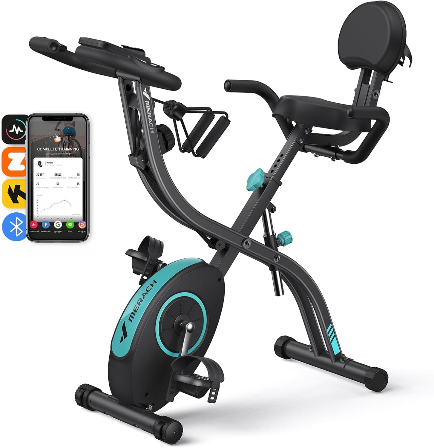 MERACH Bicicleta estática dobrável 4 em 1, bicicleta Spinning com monitor LCD e medição manual de pulso, bicicletas de fitness magnéticas com almofada de assento confortável, para casa