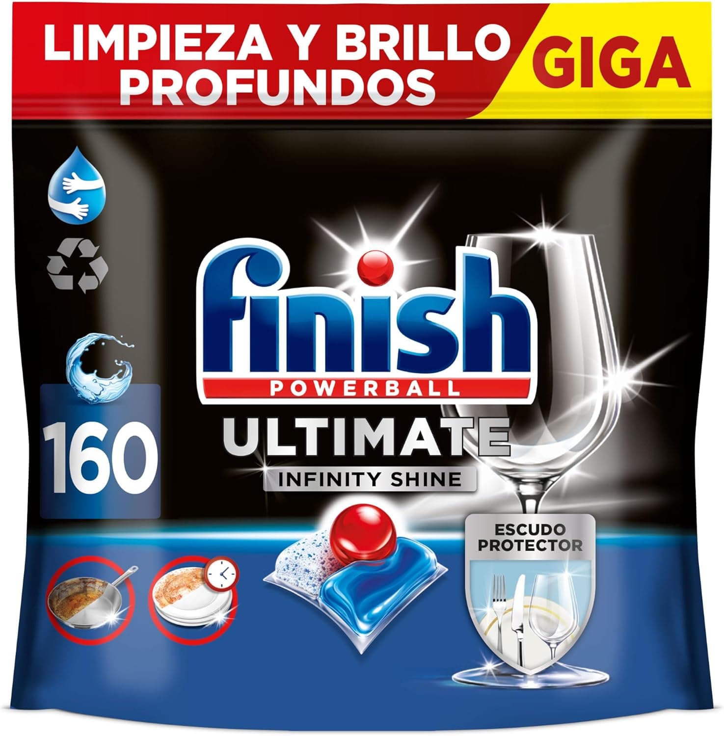 Finish Powerball Ultimate Infinity Shine, pastilhas para máquina de lavar louça com poder removedor de gorduras e proteção de vidro, 2 embalagens de 80, total 160 pastilhas