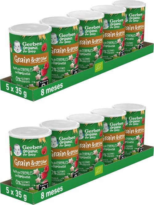 Gerber Organic Puffs | Snack de cereais para bebé sabor framboesa e banana a partir dos 8 meses, 5x35 g