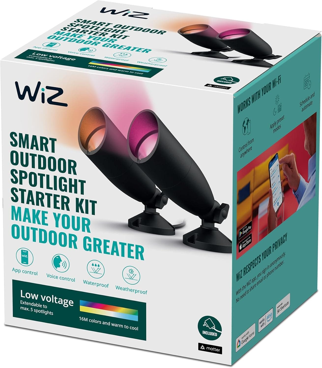 WiZ - Focos inteligentes de exterior 4 W, luz branca e colorida, adequados para exterior (IP44), Wi-Fi, com tecnologia SpaceSense e compatível com Google Home, Amazon Alexa ou atalhos da Siri