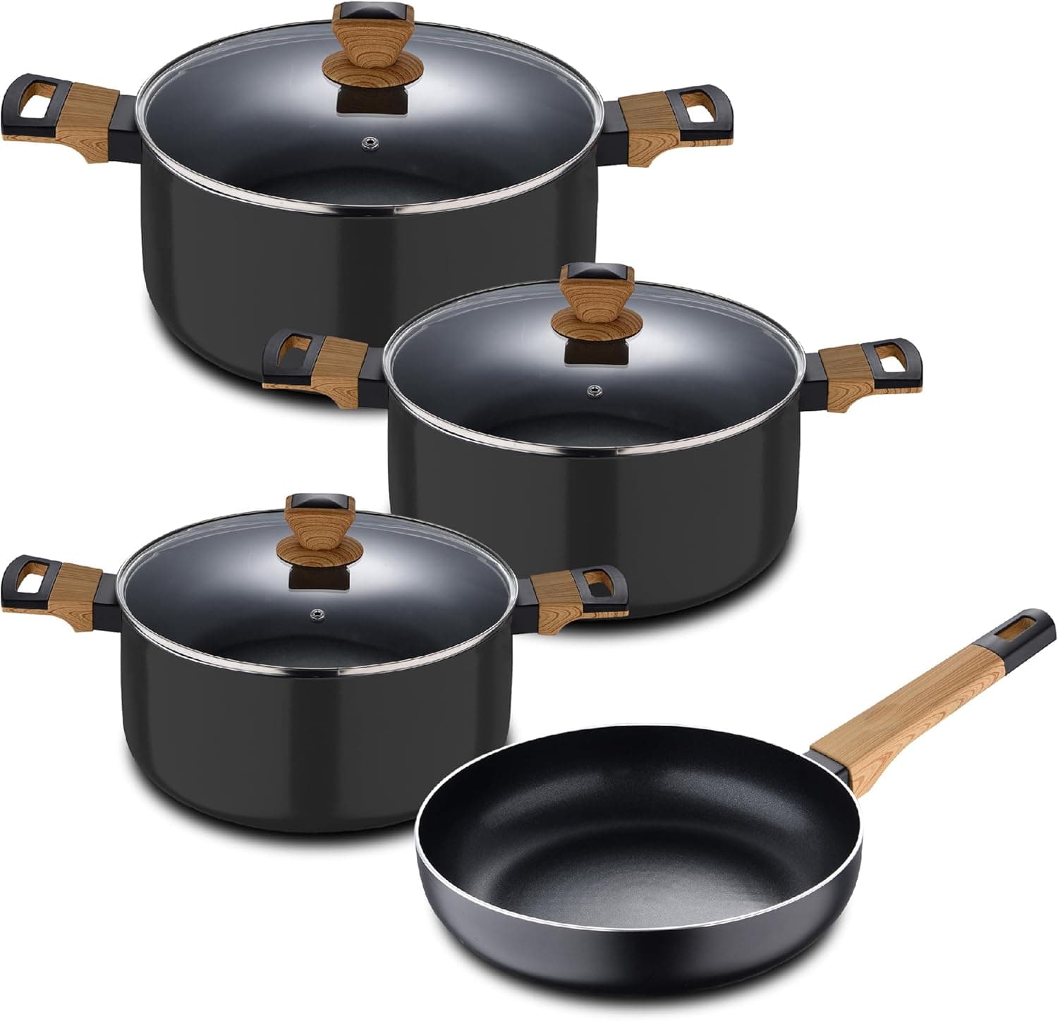 Bergner Earth Caçarola de cozinha de 24 cm com tampa, cor preta, fabricada em alumínio prensado com alças ergonómicas de madeira, utensílios para cozinha, compatível com todos os tipos de cozinha