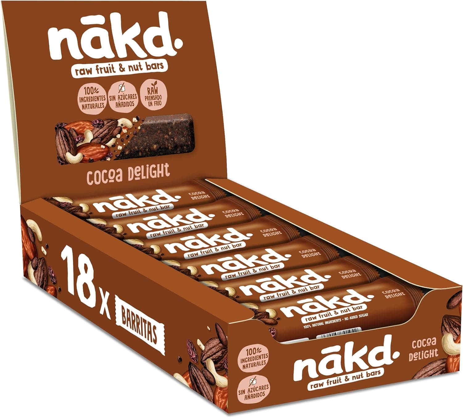 Nākd. Cocoa Delight - Barras Raw de Fruta e Frutos Secos - Ingredientes 100% Naturais - Sem Adição de Açúcar - 18 x 35g - 630g