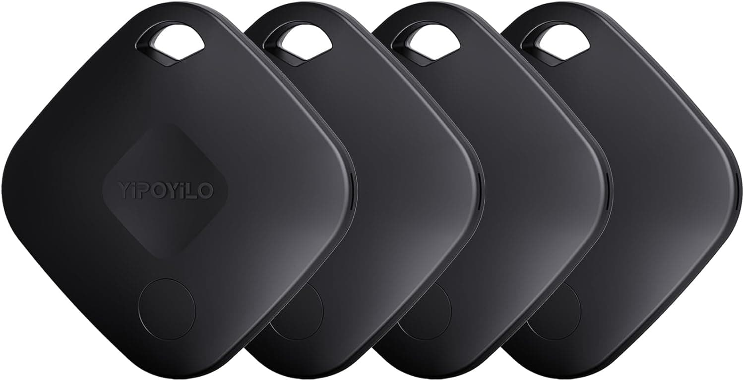 Yipoyilo Localizador de objetos, compatível com a Apple pesquisar (apenas iOS), localizador de chaves com proteção de privacidade, 4 cordões, para mala de bagagem, embalagem de 4, preto