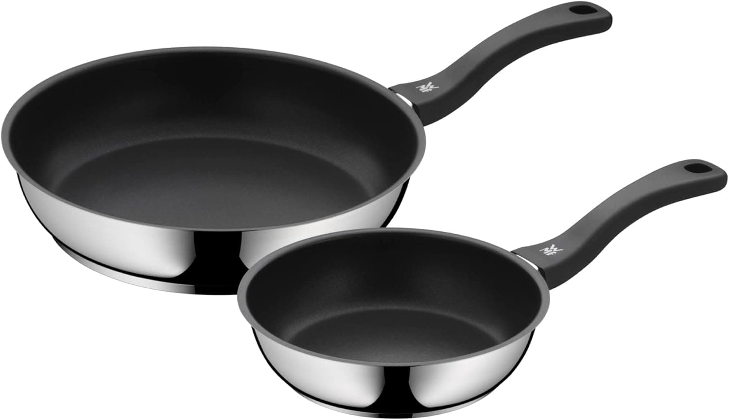 WMF Devil Conjunto de 2 frigideiras anti-aderentes 20 a 28 cm, frigideira de aço inoxidável e revestimento antiaderente para todos os tipos de cozinhas incluídas indução, sem PFOA, cor preta
