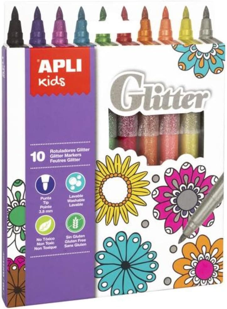 APLI Kids 18218 – Marcadores com Purpurina, 10 Cores – Conjunto com 10 Unidades (Pack de 1) – Glitter