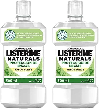 Listerine Naturals (1 x 500 ml), lavagem bucal sem álcool com sabor menta, colutório bucal que protege as gengivas, elixir bucal com fórmula biodegradável e ingredientes naturais (embalagem de 2)
