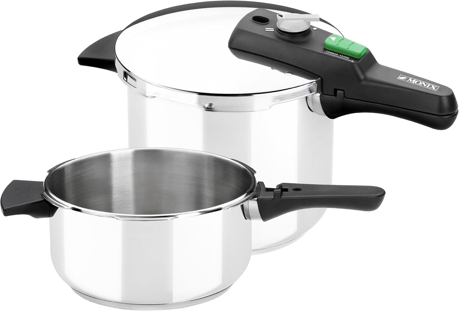 MONIX Quick Set | Conjunto de 2 panelas de pressão (4 L + 6 L), sistema de tripla segurança, 2 níveis de pressão e compatível com todos os fogões