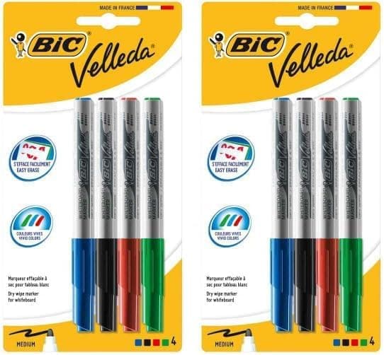 Marcadores de Quadro Branco BIC Velleda, Ponta Média (4.5mm), Ideal para Uso Escolar e de Escritório, Cores Sortidas, Pacote de 4 (Pacote de 2)
