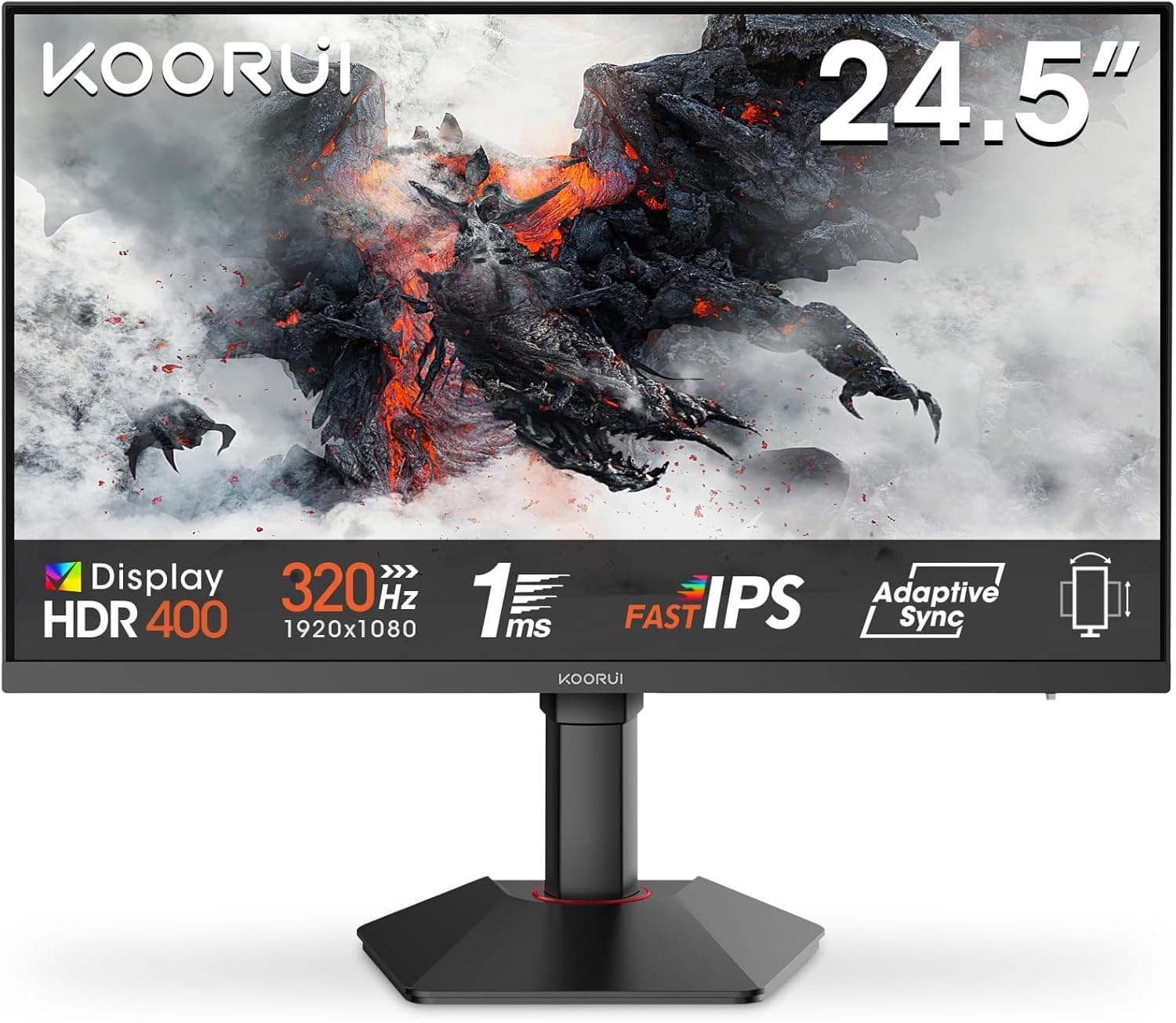 KOORUI G2511E 320Hz 24,5" Full HD Fast IPS Monitor Gaming, GTG 1 ms, 1920x1080, adaptador Sync, HDR400, 95% DCI-P3, altura ajustável, giratória, inclinação, 2 x HDMI 2.00. , DP 1. 4, VESA
