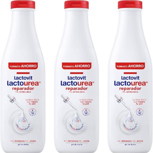 Lactovit - Gel de duche reparador lactoureia, hidratante e nutritivo, pele forte e jovem, textura cremosa e leve, com proteção de cálcio, para peles muito secas ou extra secas, 750 ml x 3