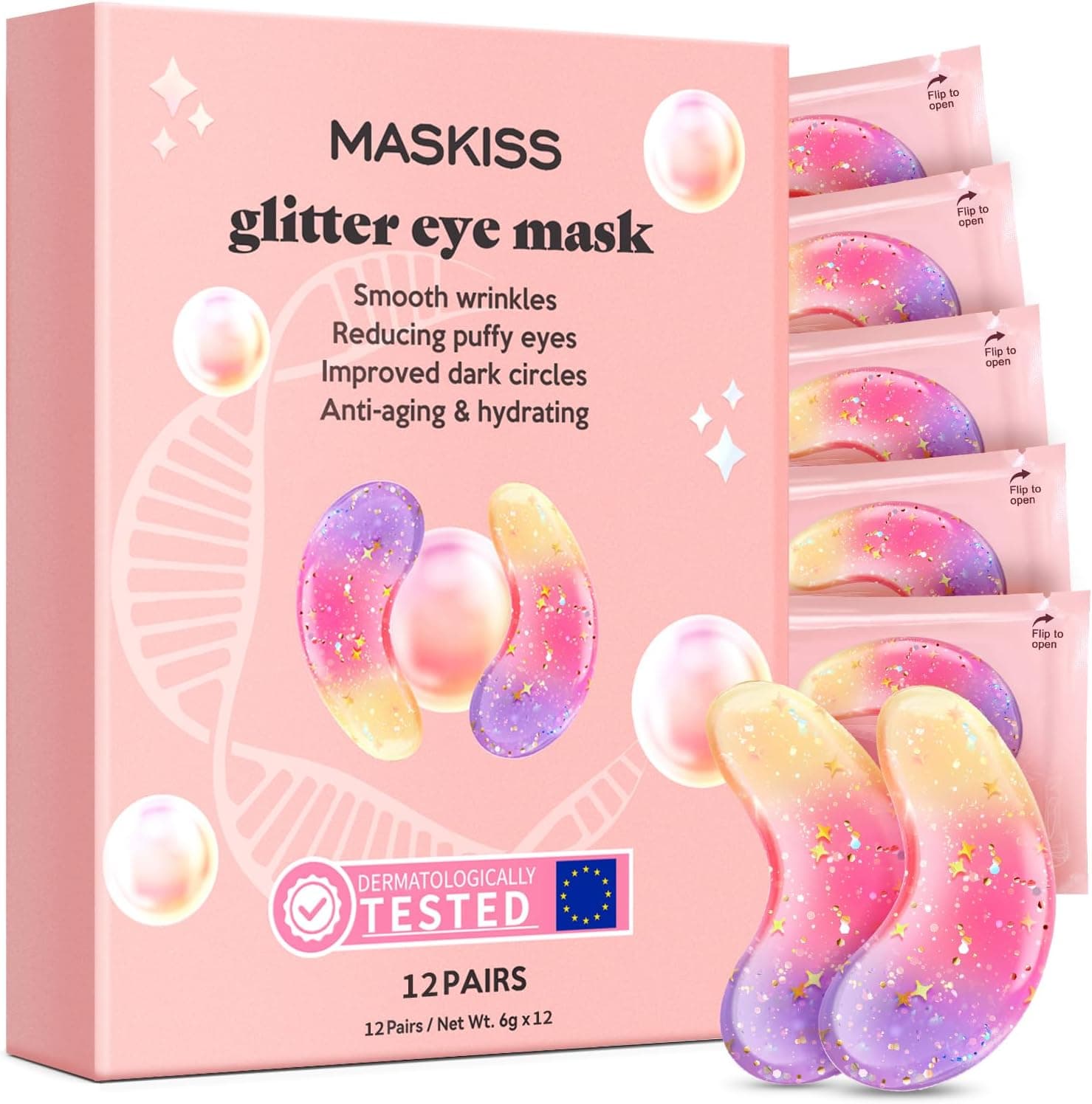 Maskiss Máscaras de colagénio para olhos com purpurina tricolor, para olheiras, eliminação de rugas (12 pares)