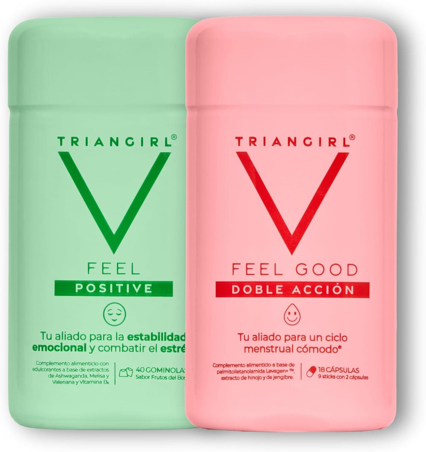 TRIANGIRL Pack 1 Feel Good 1 Seel Positive. Complemento alimentar ajuda a reduzir desconforto menstrual e alívio stress ansiedade. Suplementos para bem-estar mulher. 1 x 18 cápsulas + 1 x 40 gomas