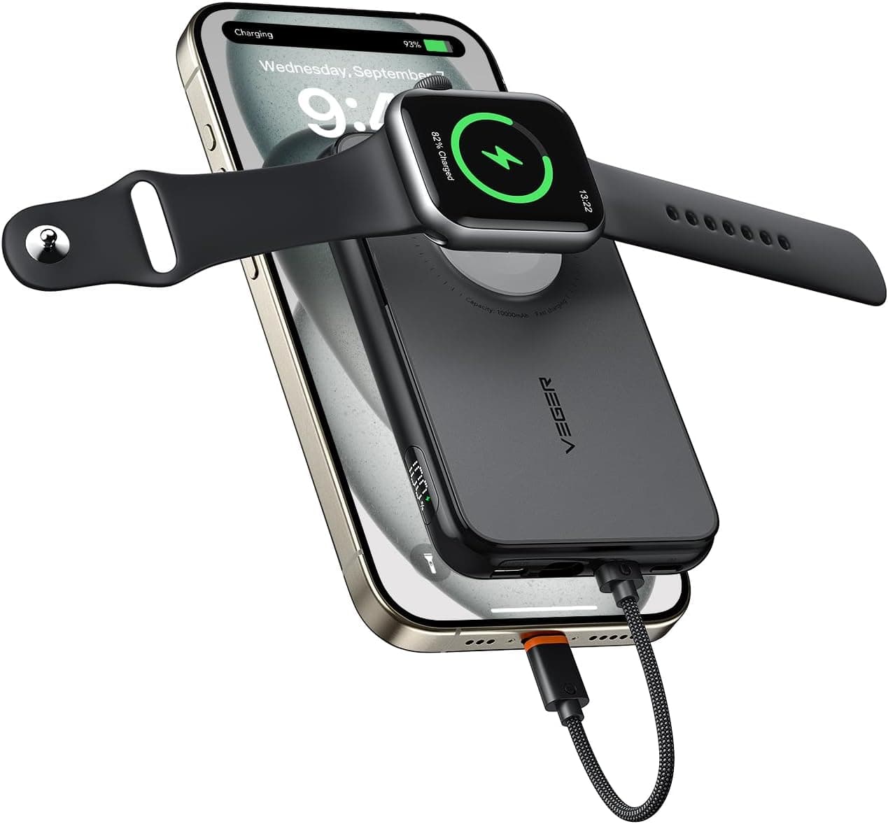 VEGER Bateria externa de carregamento rápido, 10000 mAh Power Bank, cabo de conexão bidirecional incorporado de iPhone a tipo C, bateria portátil para iPhone, Apple Watch, Smartphones Type C, Samsung,