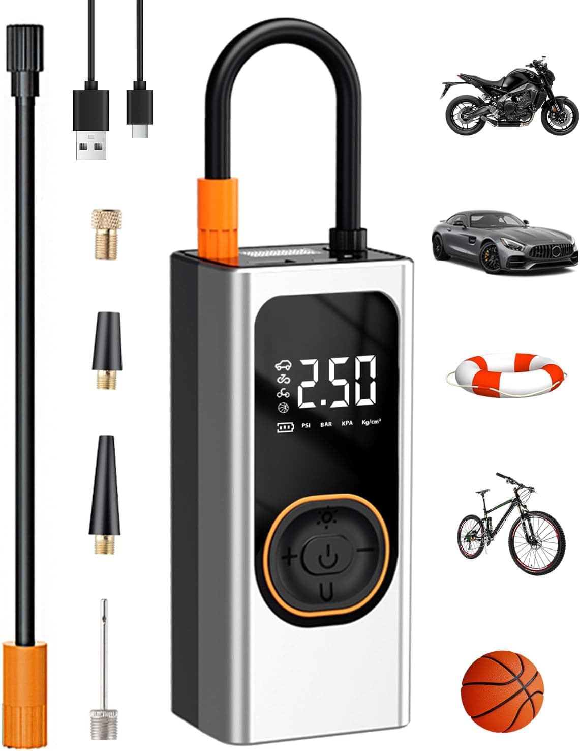 motomoyo | Compressor de ar portátil 6000mAh com visor LCD, lanterna LED, power bank e 4 bicos para automóveis, motos, bicicletas e bolas