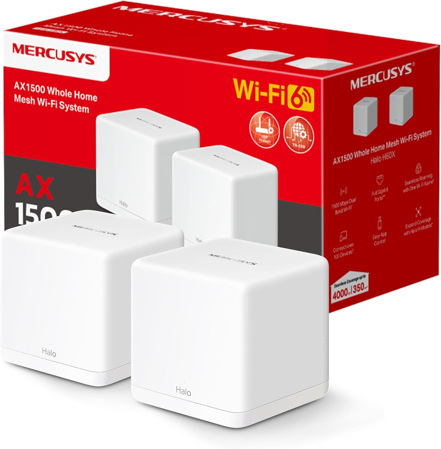 Mercusys HALO H1500X (2 pacotes) - WiFi 6 Mesh AX1500 Mbps, cobertura de até 350 m², ligar até 150 dispositivos, WiFi de banda dupla, solução Wi-Fi Fi para toque. Da casa, 3 portas Gigabit