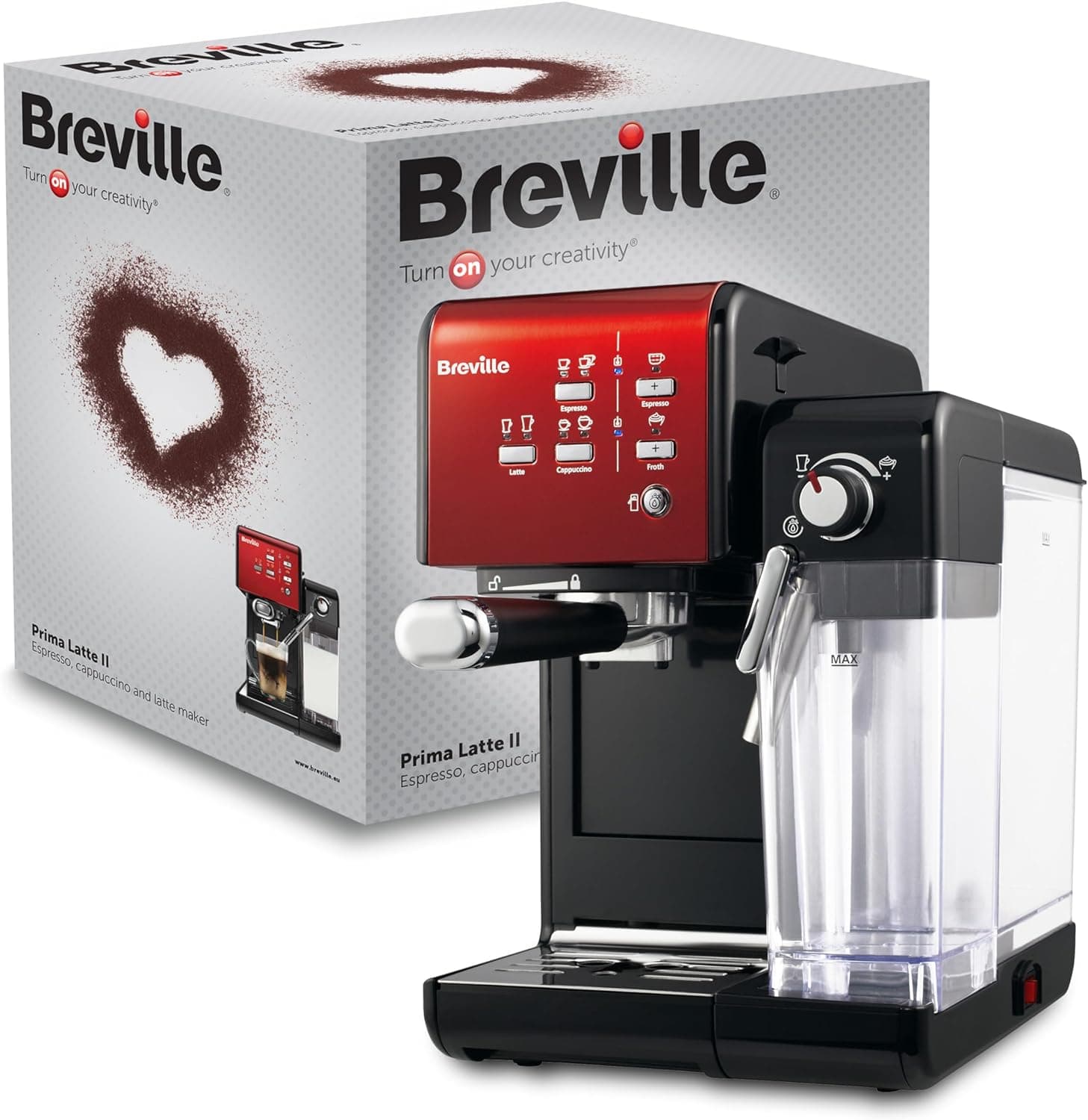 Breville Máquina de café e expresso PrimaLatte II | Bomba italiana com 19 bar, adequada para café em pó ou dose única, espumador de leite automático integrado, preto / vermelho | VFC109X-01