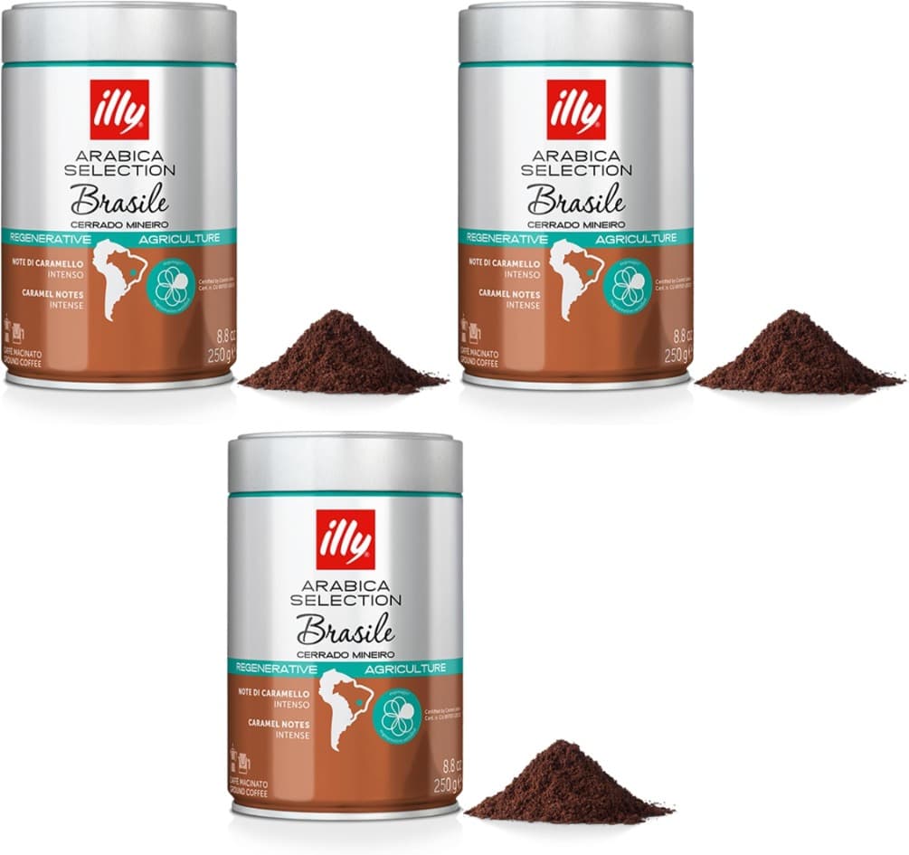 illy Arabica Selection Brasile Cerrado Mineiro | Café moído 100% arábica notas de caramelo e frutos secos, lata 250 g x 3