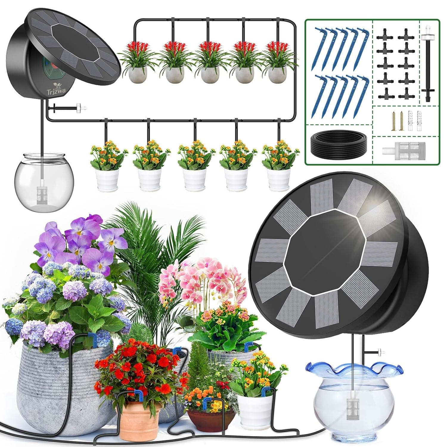 TRJZWA Solar Irrigation System | Kit de rega automática gota-a-gota solar com 9 programas e mangueira de 10 m para plantas de jardim e varanda