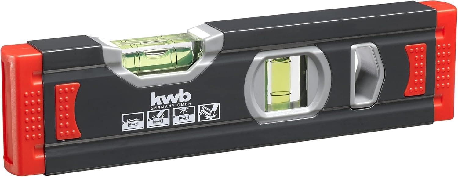 kwb Mini nível de bolha de alumínio de 1 mm de 20 cm, nível de bolha garantido, m de precisão, polimento preciso, 1 bolha horizontal e vertical, inclui proteção contra quedas