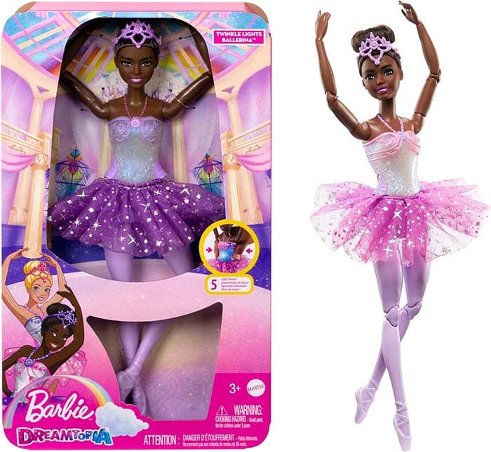Barbie Dreamtopia Bailarina com luzes boneca morena articulada com tutu roxo e iluminação mágica, brinquedo + 3 anos (Mattel HLC26)
