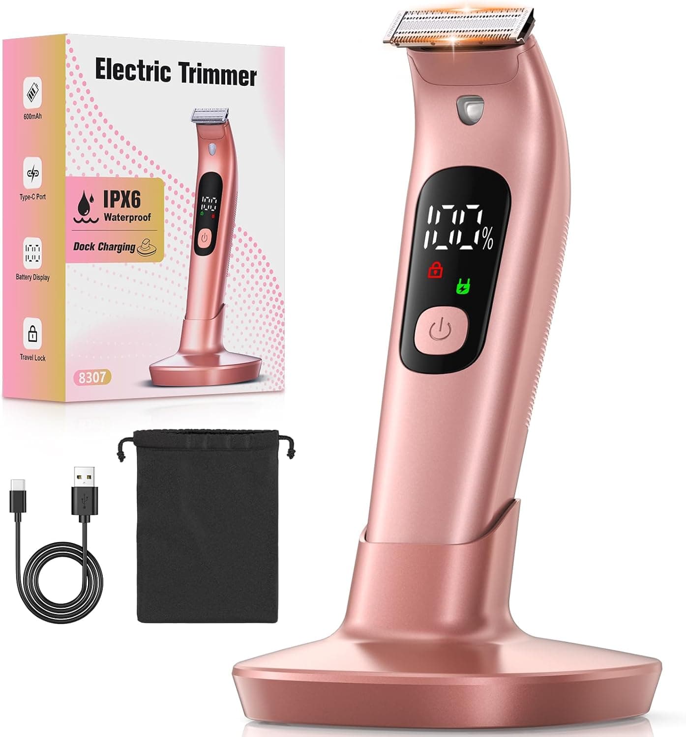 Rolgno Máquina de barbear elétrica para mulher, [IPX6 impermeável e pele mable] Depiladora corporal máquina de barbear facial para mulher, máquina de barbear com base de carregamento e iluminação LED