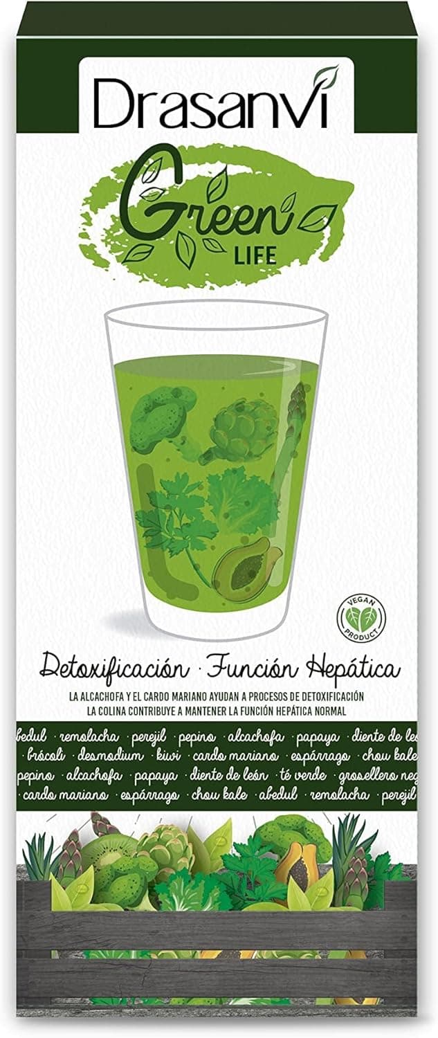 DRASANVI Green Life Detox Com extratos vegetais ricos em L-glutation e S-adenosinmetionina | Alcachofra, cardo mariano, chá verde, Kale, espargo e dente-de-leão, 500 ml = 16 dias, sabor de limão