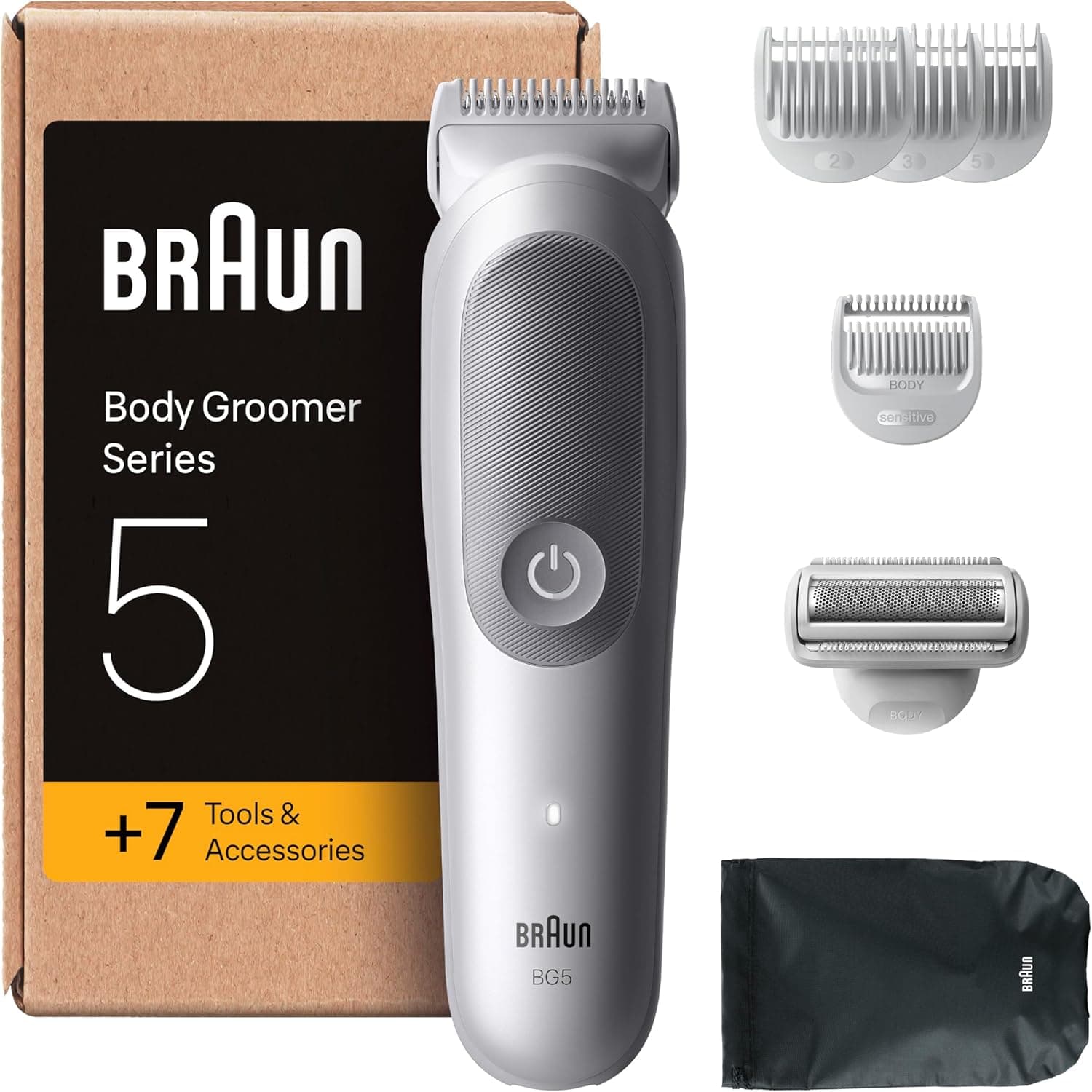 Braun Aparador corporal série 5 BG5555, máquina de barbear corporal para peles sensíveis, 7 acessórios de rosca, 100 min de automonomia, corta e barbear, resistente à água, cinzento