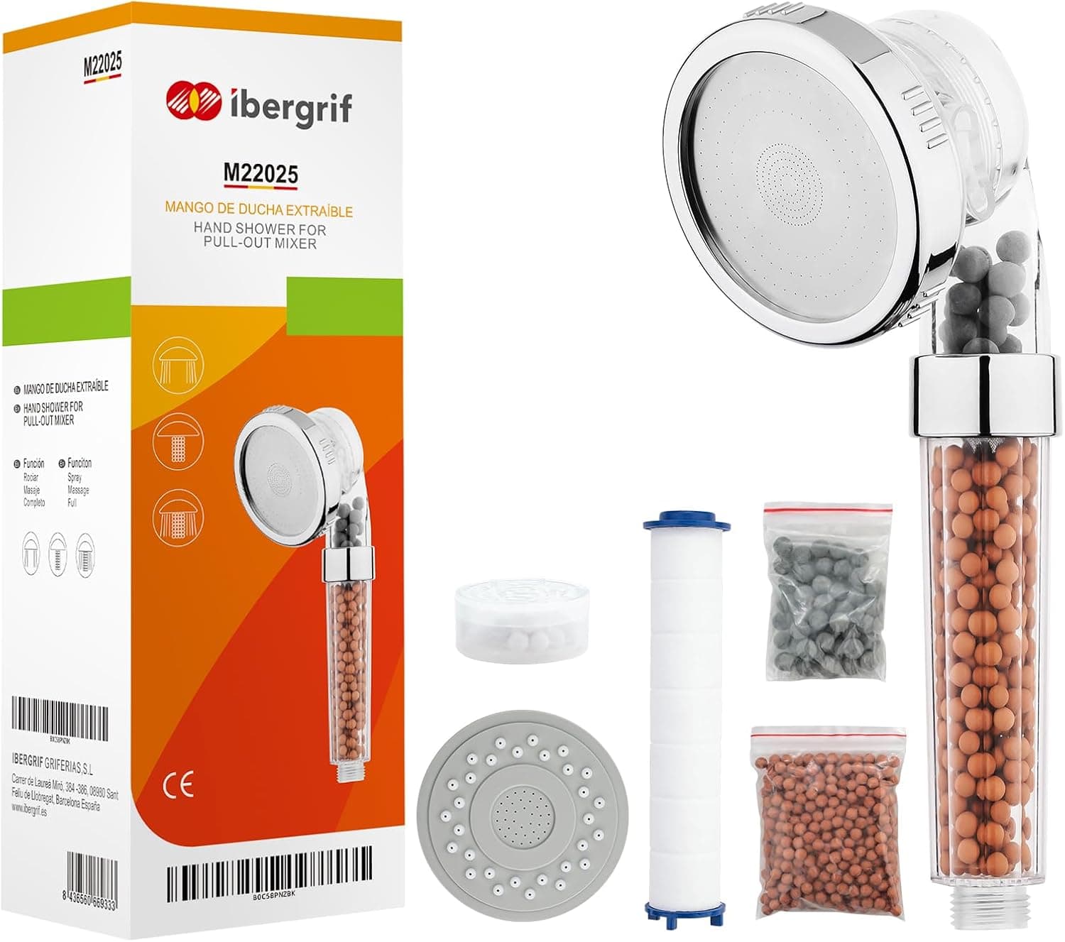 Ibergrif, M22025 Alcachofra de chuveiro de alta pressão, chuveiro de 3 modos de cabeça, com filtro de 3 camadas, economia de água