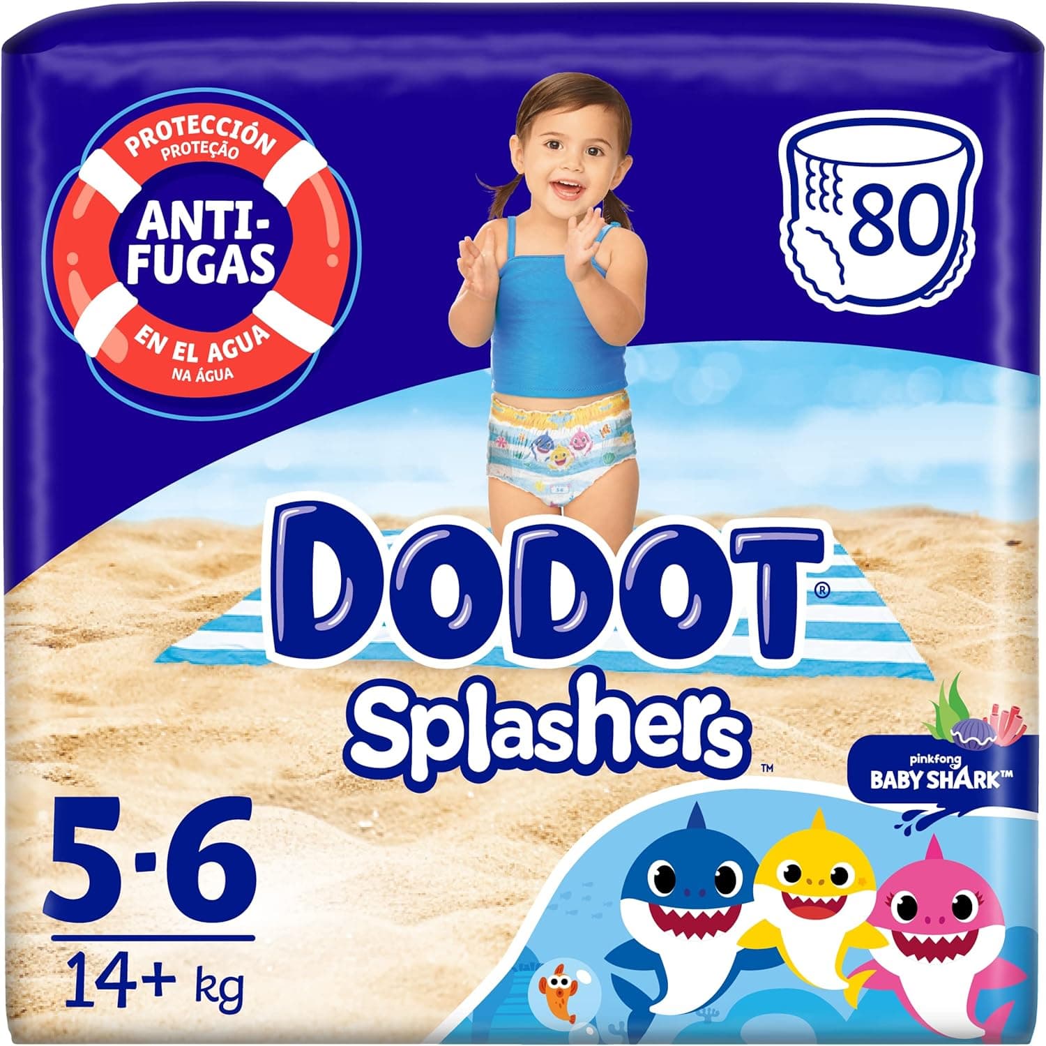 Dodot Fraldas bebé Splashers Baby Shark, tamanho 5-6 (14 kg), 80 fraldas, fatos de banho descartáveis, proteção contra fugas na água