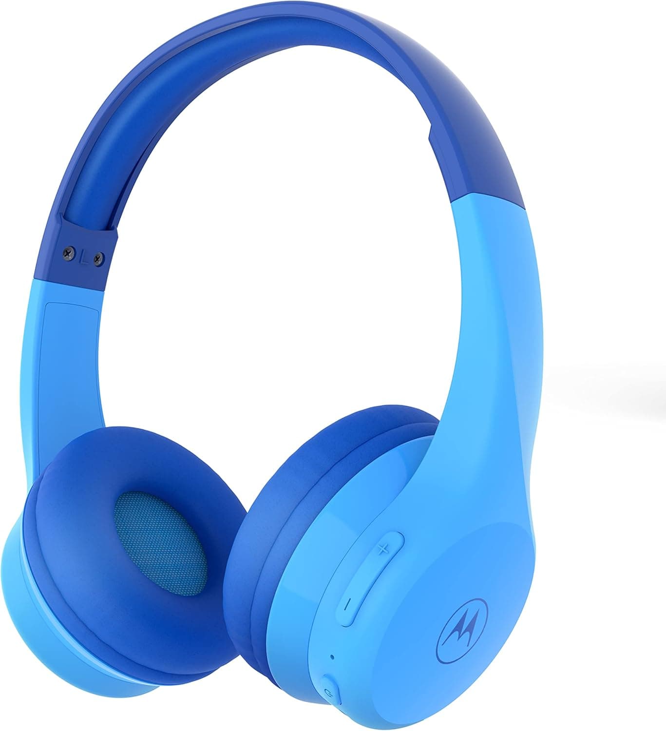 Motorola Moto JR300 Auriculares Bluetooth para crianças com microfone, leves, com limitador de volume de 85 dB, divisor de áudio para compartilhar, ideais para a escola, viagens, jogos, cor azul